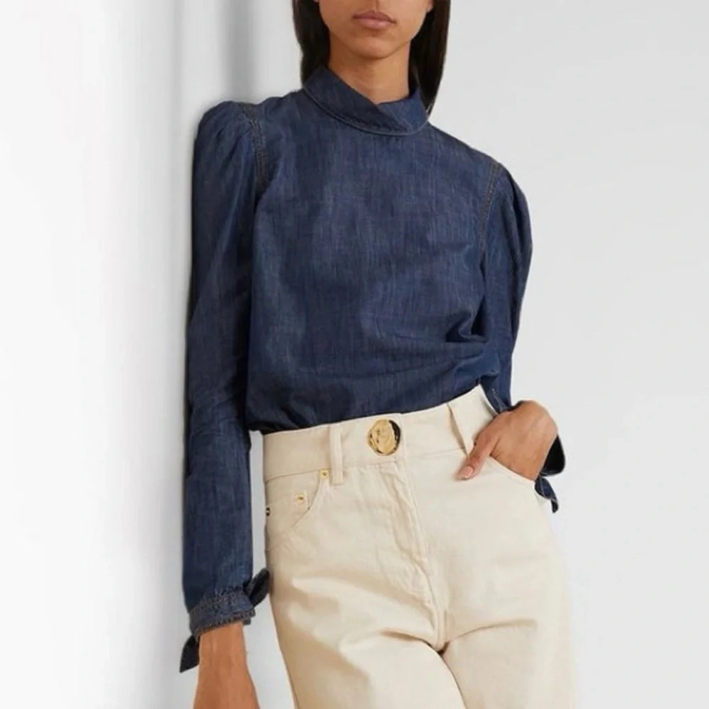 Veronica Beard Isabel Chambray Puff Sleeve Button Back Blouse Blue Women’s 10